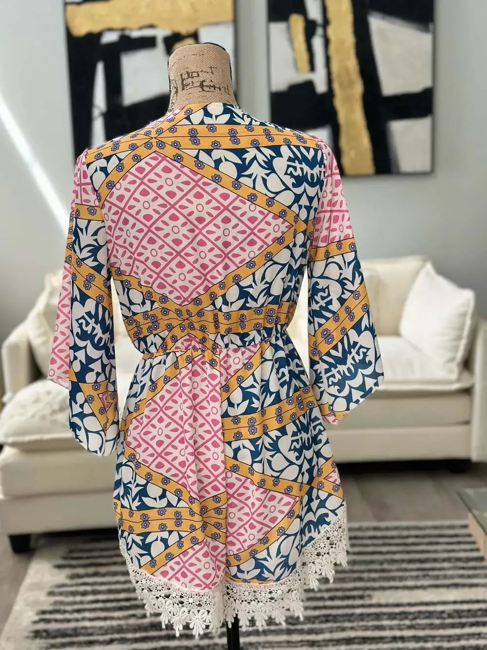 Boho Patterned Lace-Trim V-Neck Romper - Picture 5 of 5